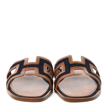 Hermes Calfskin Denim Oran Sandals 38.5 Bleu Brut Gold 2 of 8