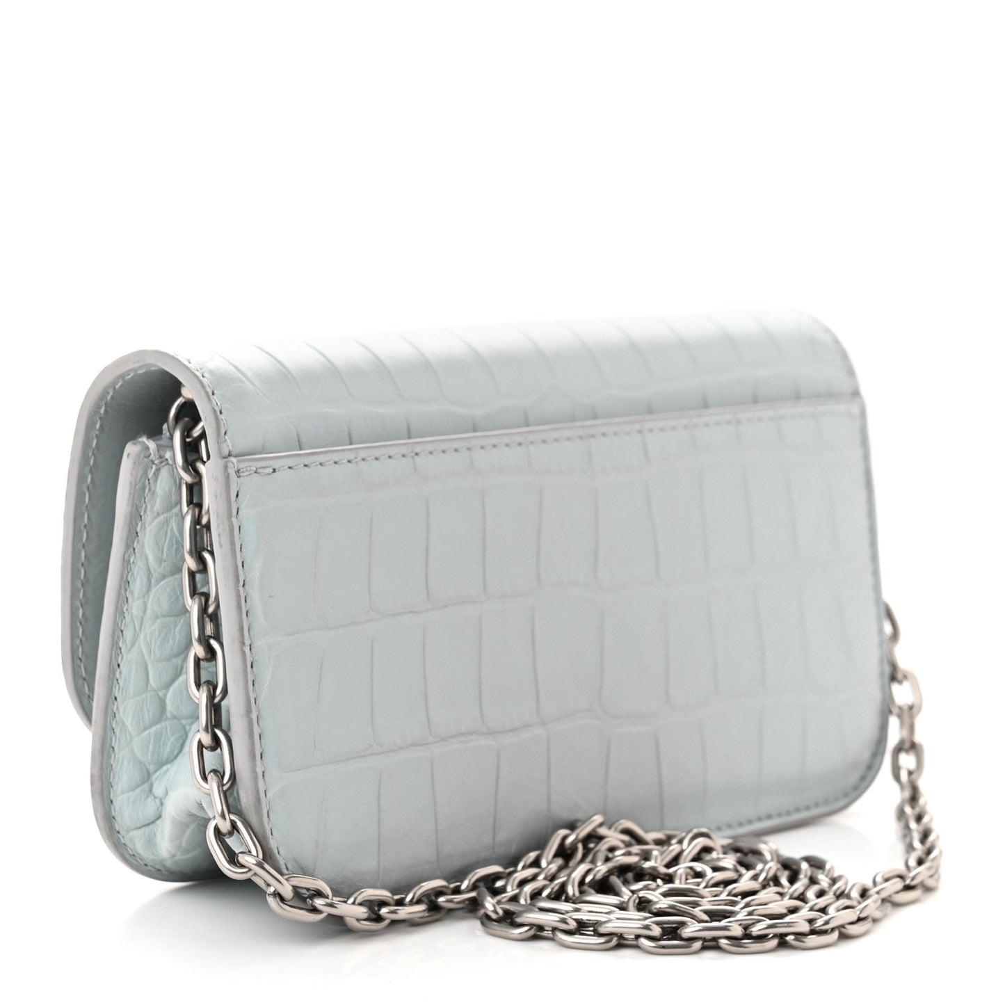 Extra Supple Calfskin Crocodile Embossed Gossip Wallet On Chain Ash Blue