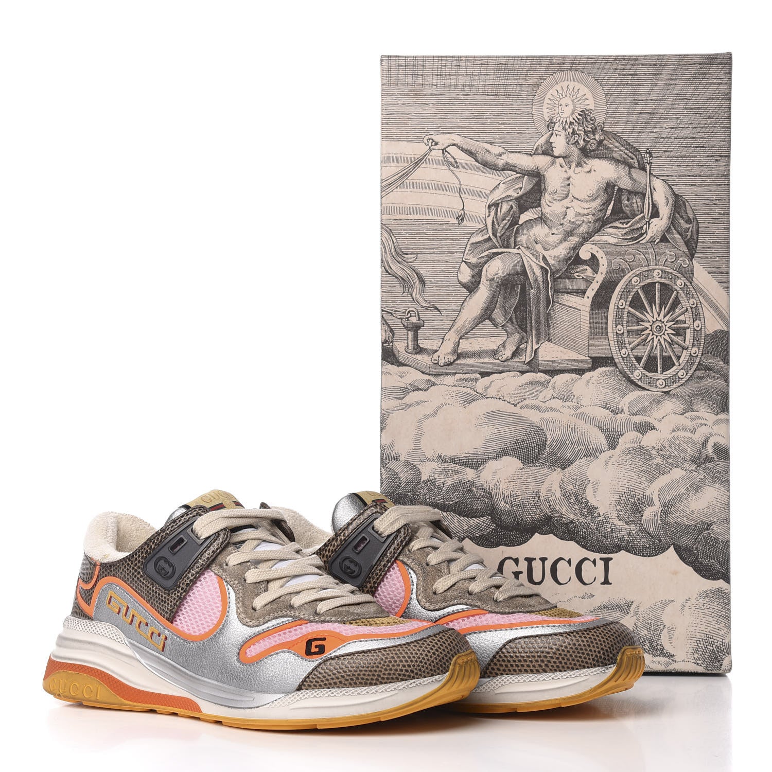Gucci Calfskin Suede Mesh Lizard Embossed Womens Ultrapace Sneakers 36 Silver Anthracite Neon Orange 8 of 8