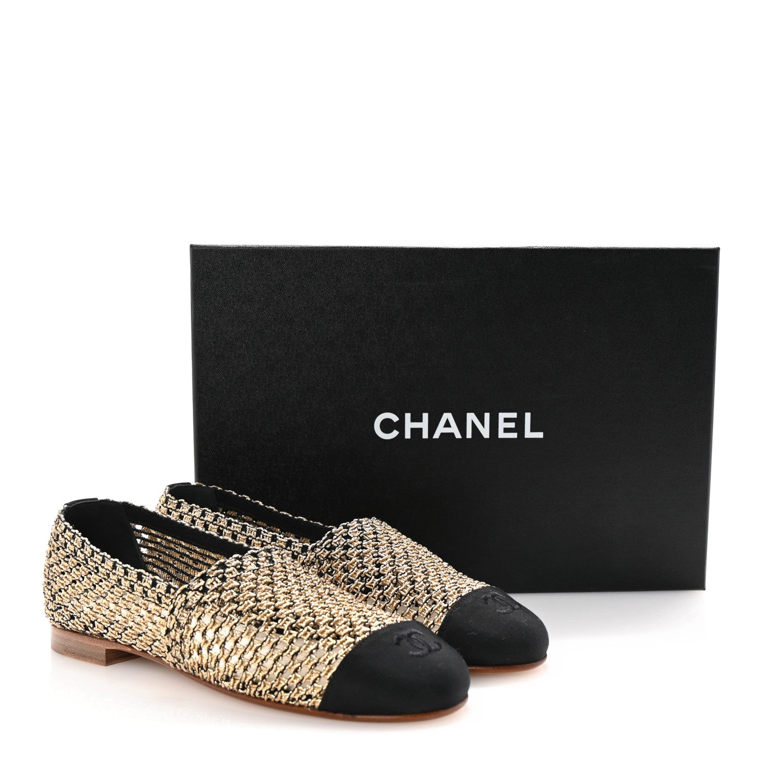 Chanel Knit Grosgrain Cap Toe CC Moccasin Loafers 36 Gold Black 9 of 9