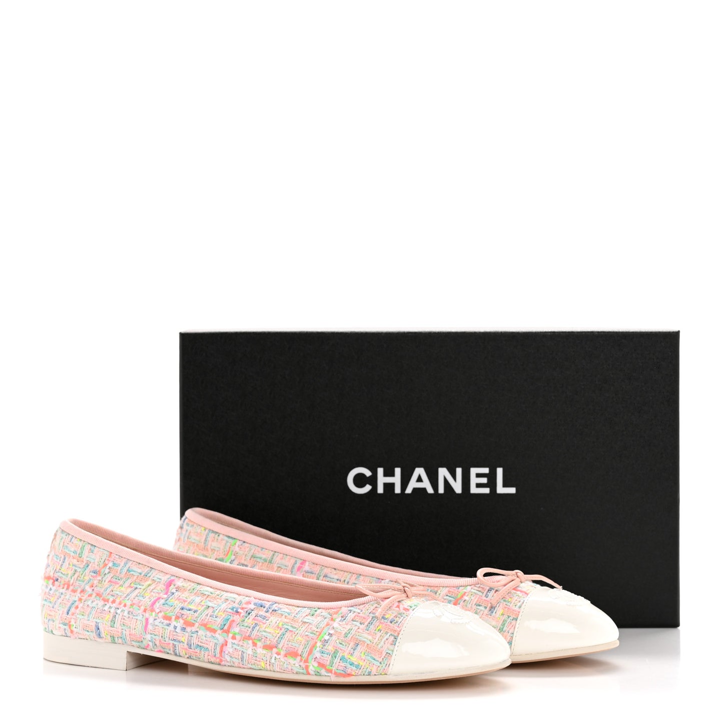 Cotton Tweed Patent Calfskin Cap Toe Ballerina Flats 40 Light Pink Multicolor White