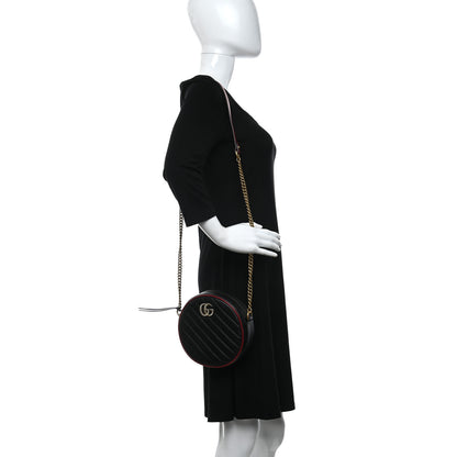 Gucci Vintage Effect Calfskin Matelasse Diagonal Mini Torchon GG Marmont Round Shoulder Bag Black Romantic Cherry 2 of 9