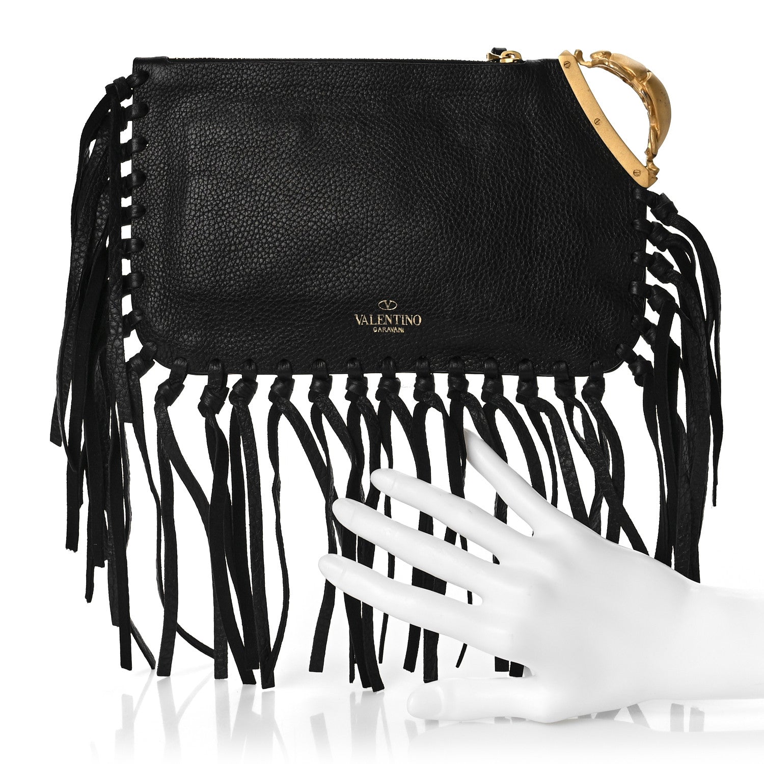 Valentino Garavani Calfskin C-Rockee Sagittarius Fringe Clutch Black 2 of 12
