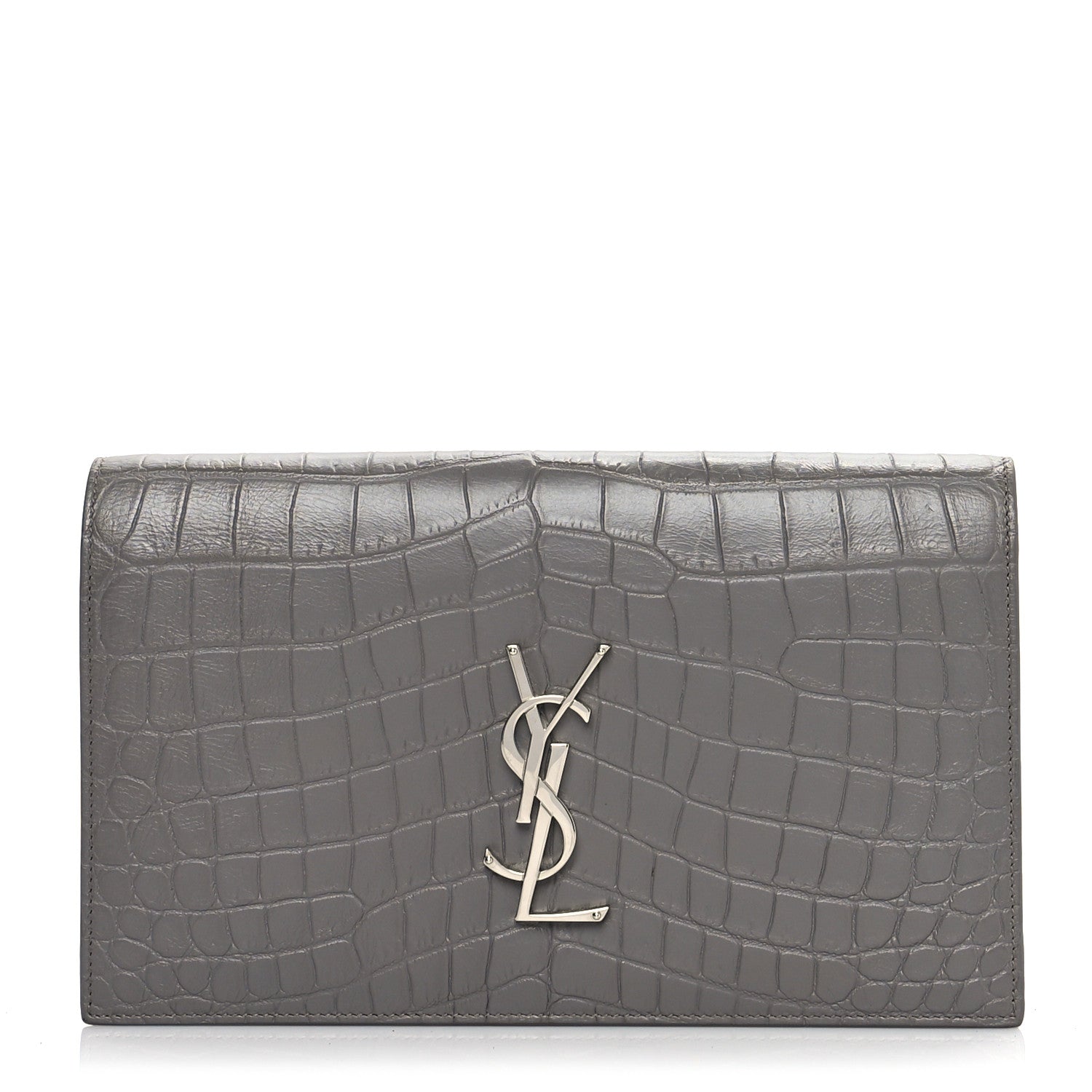 Saint Laurent Croc Embossed Calfskin Classic Kate Monogram Clutch Fog 1 of 10