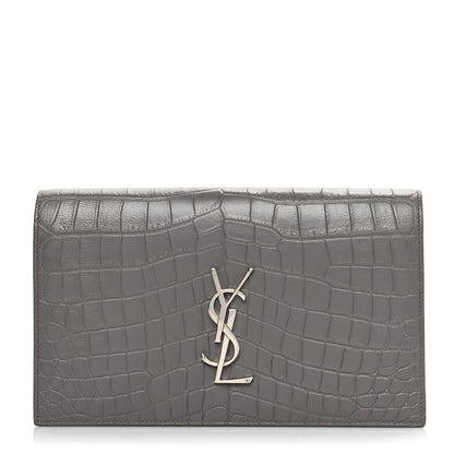 Saint Laurent Croc Embossed Calfskin Classic Kate Monogram Clutch Fog 1 of 10
