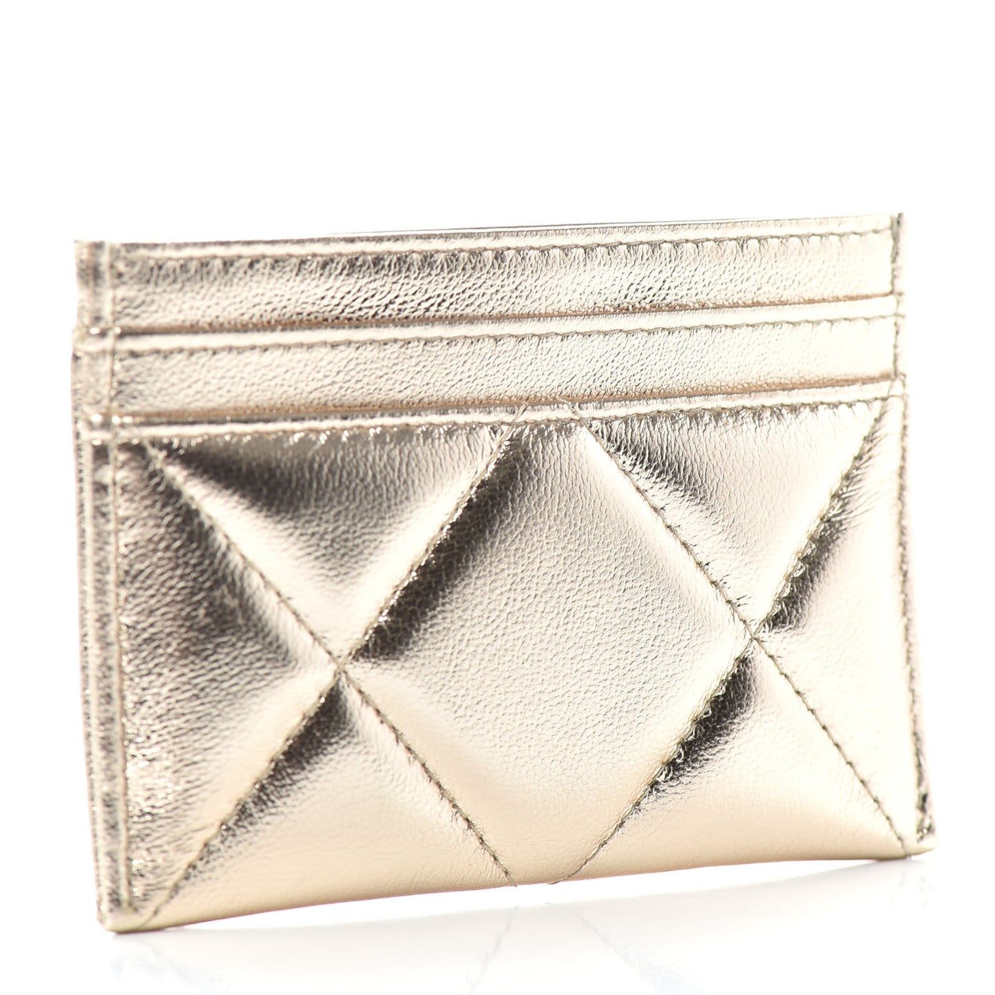 Metallic Goatskin Quilted Chanel 19 Card Holder Gold
