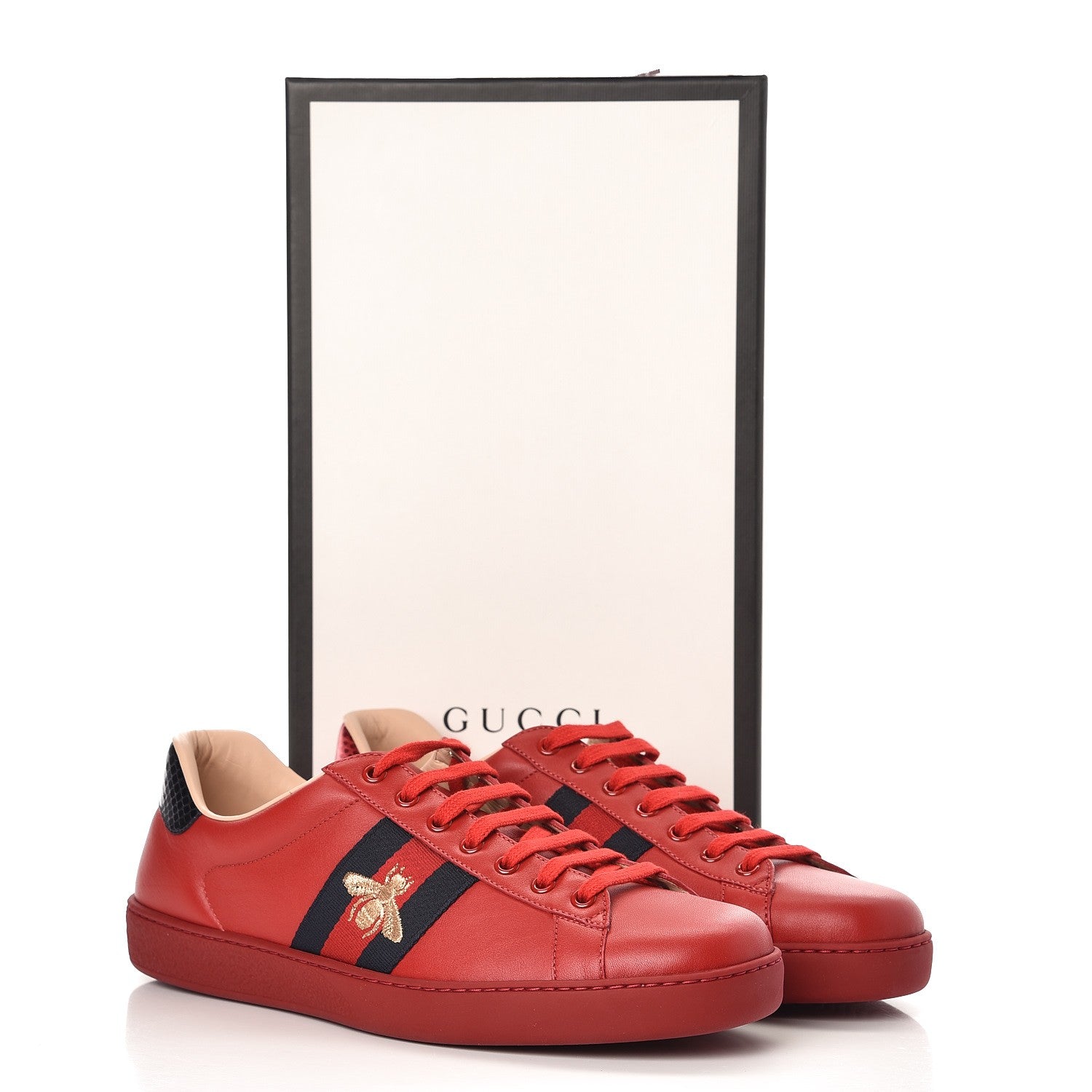 Gucci Miro Soft Calfskin Laminated Ayers Web Bee Embroidered Mens Ace Sneakers 10.5 Hibiscus Red Red Flame Notte 9 of 9