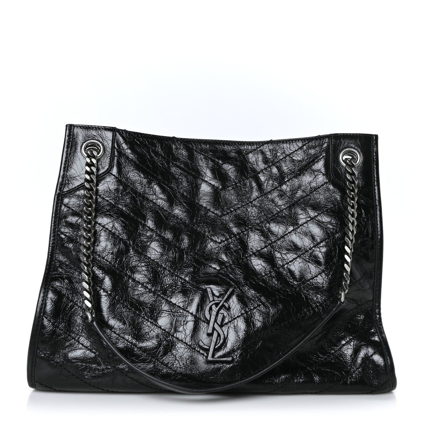 Crinkled Calfskin Matelasse Monogram Medium Niki Shopper Tote Black