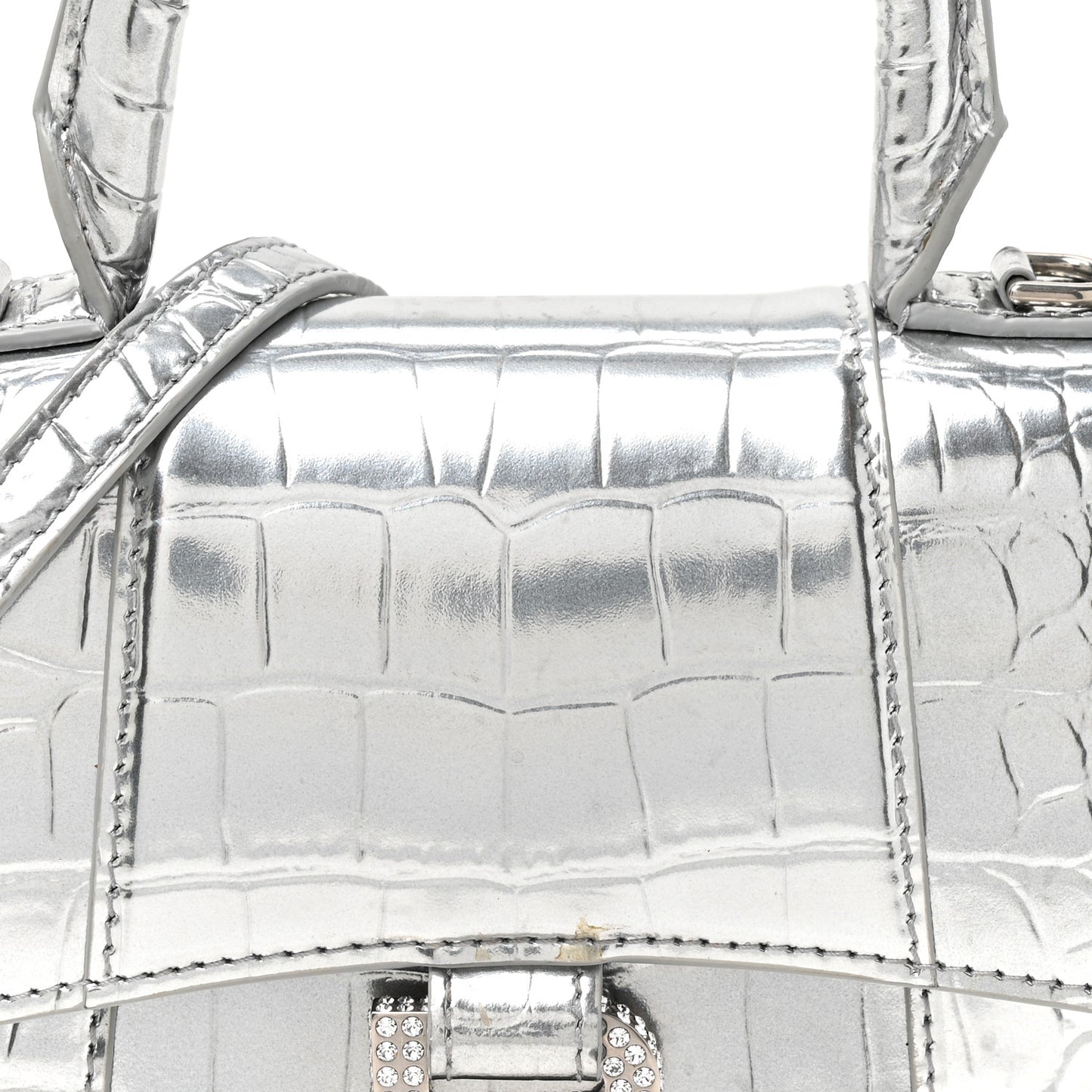 Metallic Calfskin Crocodile Embossed Crystal Hourglass Top Handle Bag XS Silver