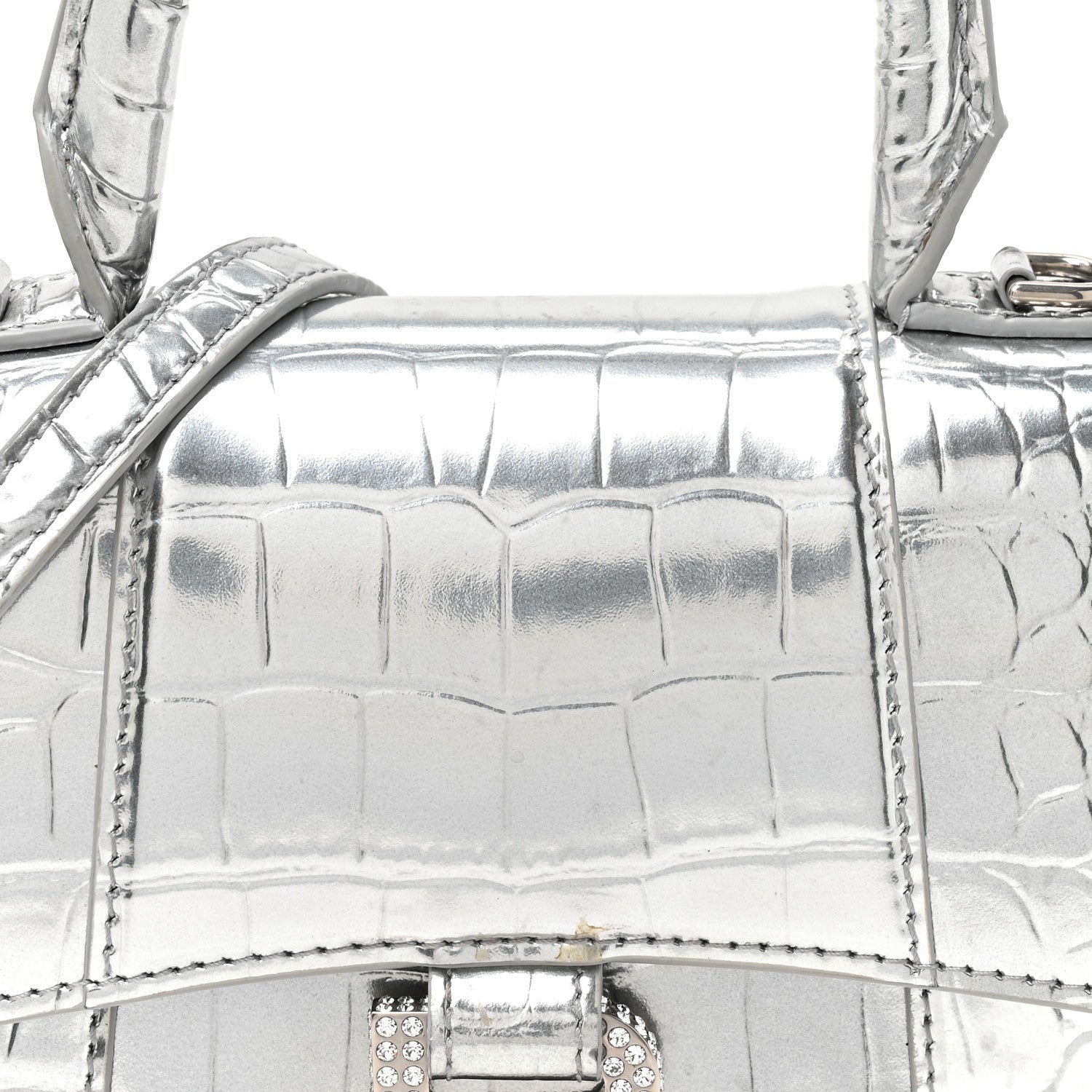 Balenciaga Metallic Calfskin Crocodile Embossed Crystal Hourglass Top Handle Bag XS Silver 8 of 15