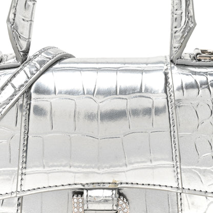 Balenciaga Metallic Calfskin Crocodile Embossed Crystal Hourglass Top Handle Bag XS Silver 8 of 15