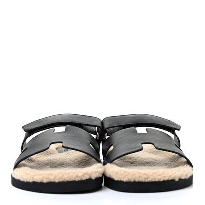 Hermes Veau Indios Woolskin Mens Chypre Sandals 43 Black Ecru 2 of 4