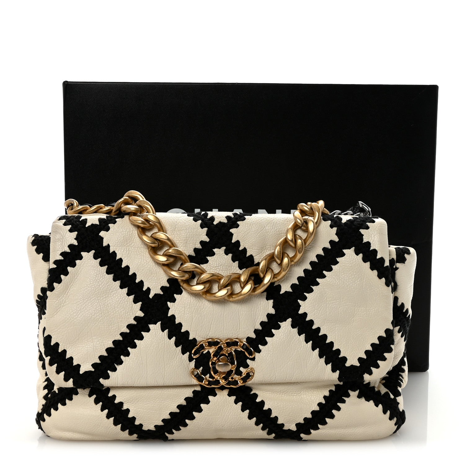 Chanel Calfskin Crochet Large Chanel 19 Flap White Black 1858769