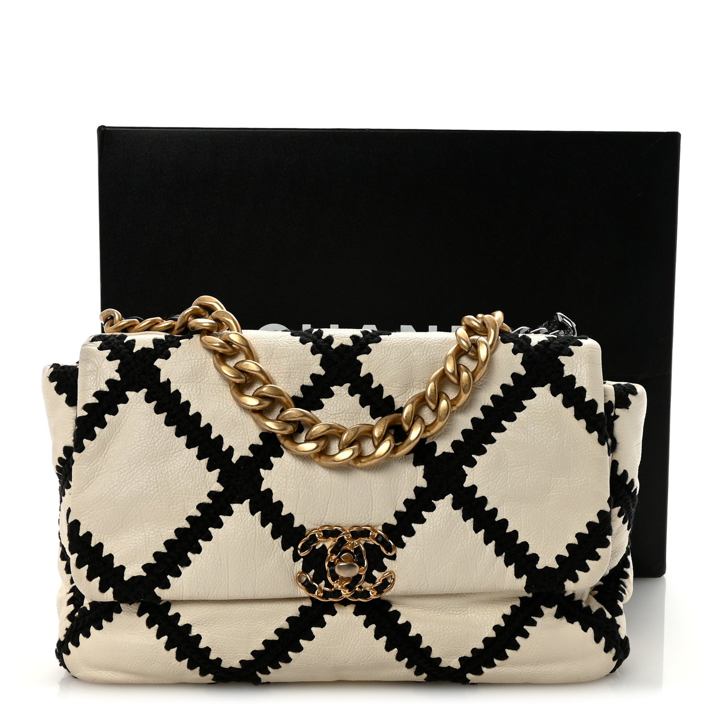 Calfskin Crochet Large Chanel 19 Flap White Black