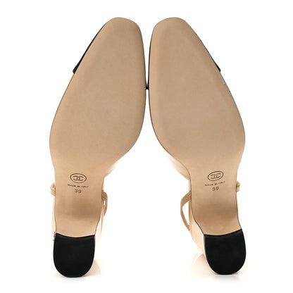 Chanel Goatskin Grosgrain Cap Toe CC Slingback Pumps 39 Beige Black 6 of 9