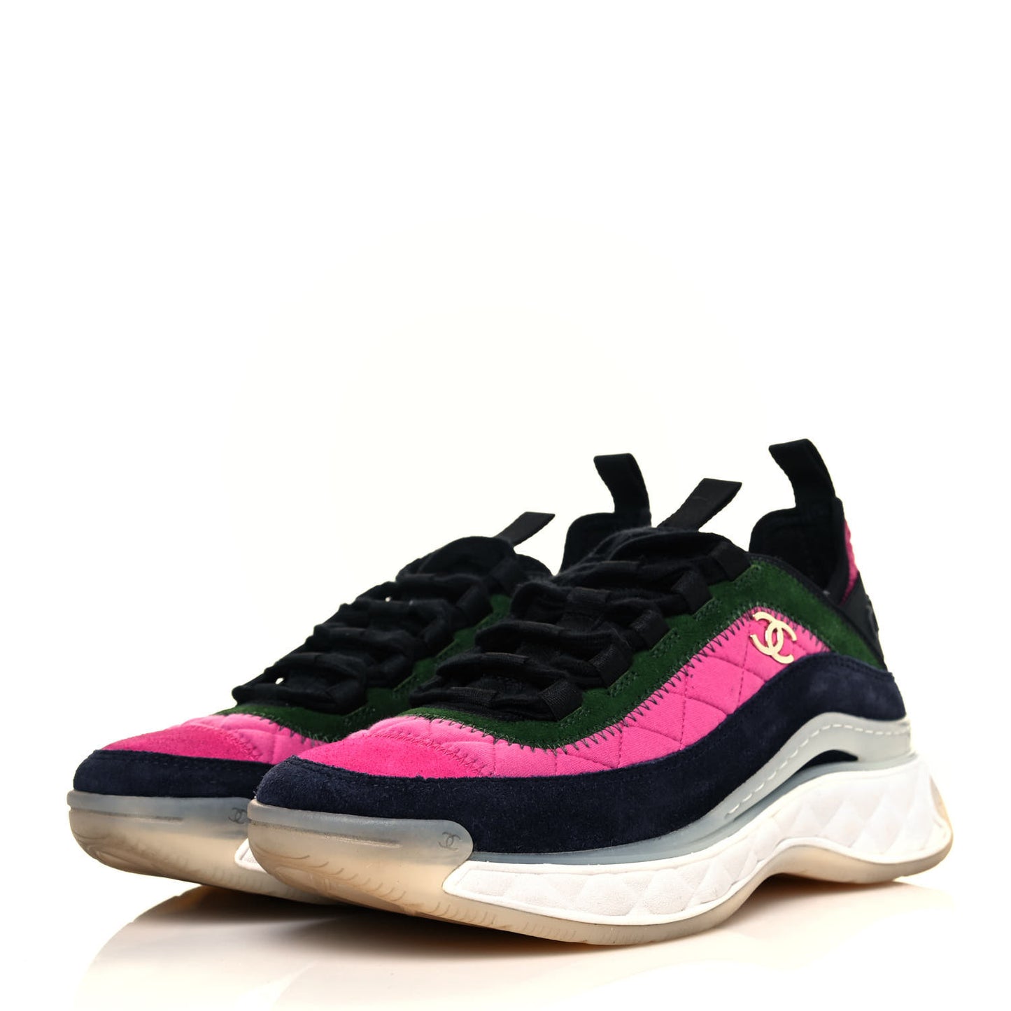 Velvet Calfskin Mixed Fibers CC Sneakers 36 Dark Pink Green