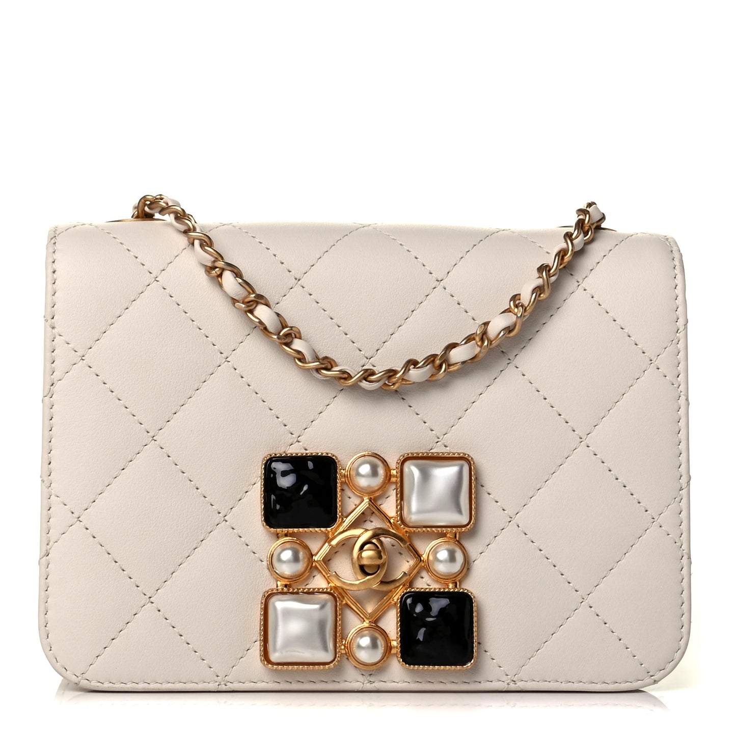 Calfskin Quilted Crystal Pearl Small Flap Bag White