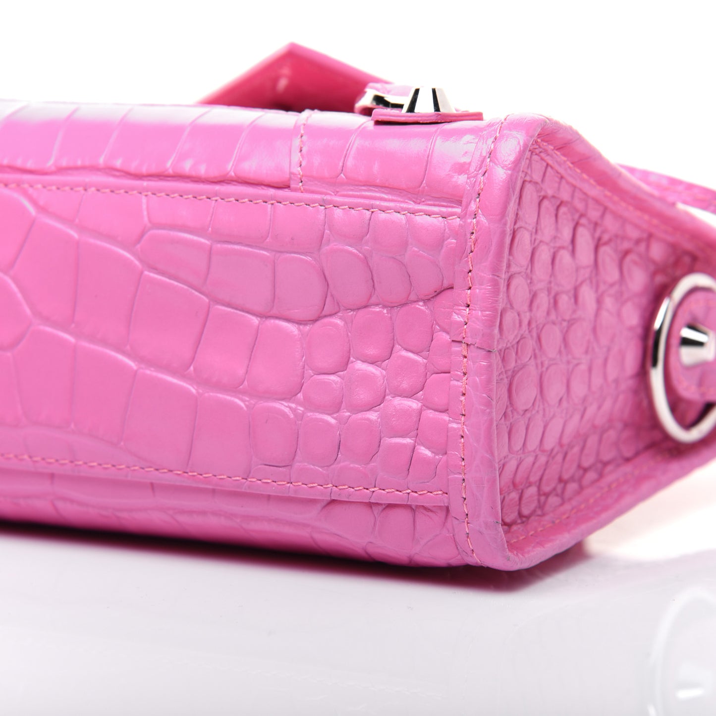 Shiny Supple Calfskin Crocodile Embossed Classic Silver Hardware Mini City Baby Pink