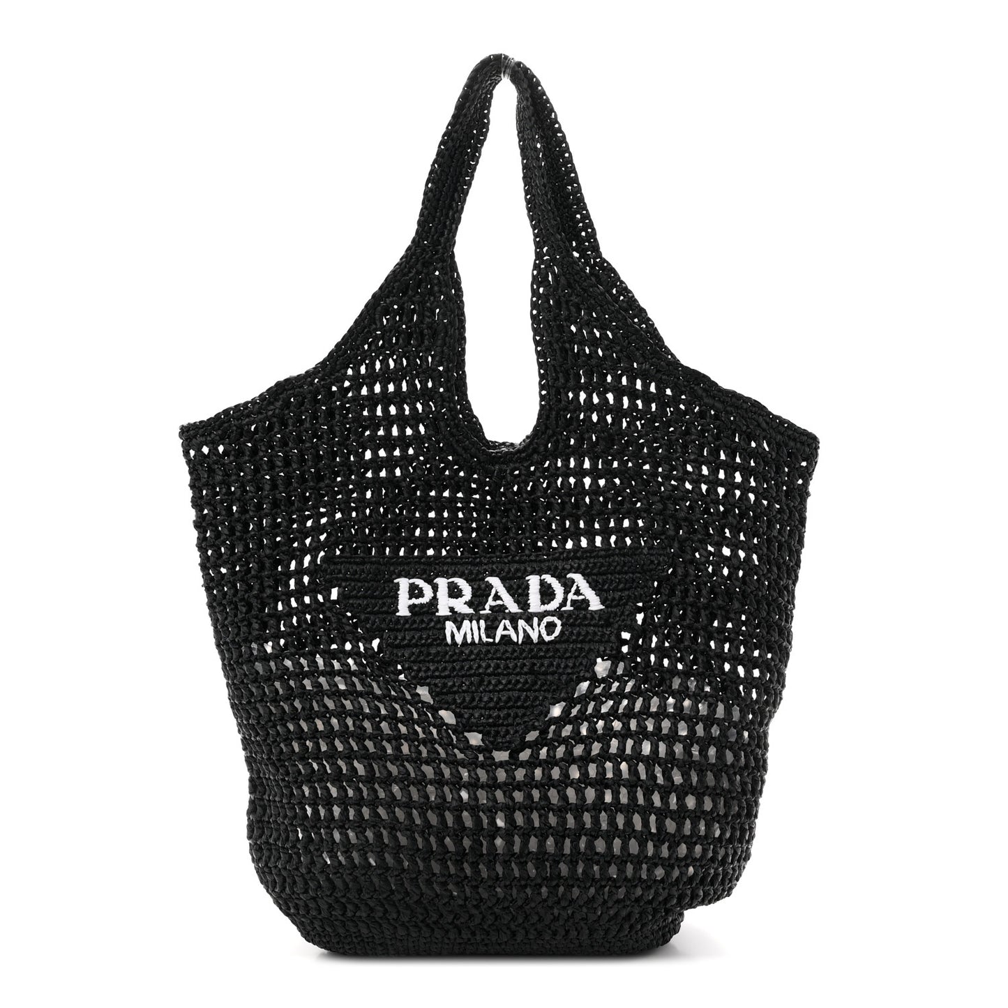 Yarn Raffia Effect Crochet Logo Embroidered Shopping Tote Bag Black