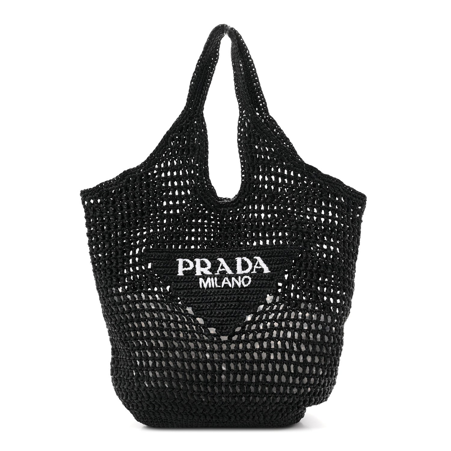 Prada Yarn Raffia Effect Crochet Logo Embroidered Shopping Tote Bag Black 1 of 9