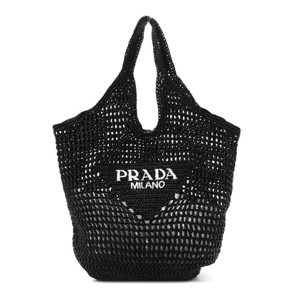 Prada Yarn Raffia Effect Crochet Logo Embroidered Shopping Tote Bag Black 1 of 9