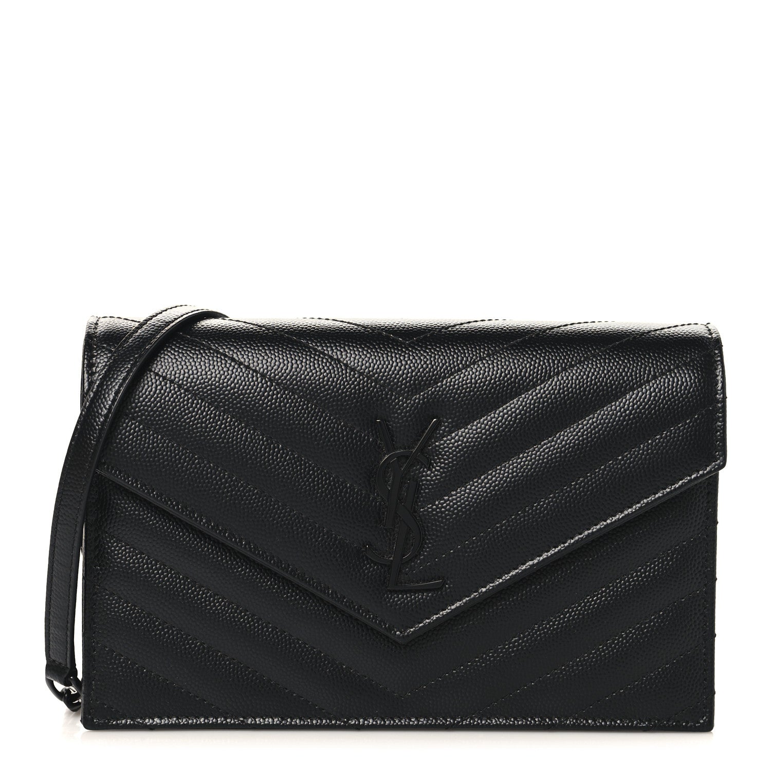 Saint Laurent Grain De Poudre Matelasse Chevron Monogram Monochrome Envelope Chain Wallet Black 1 of 10