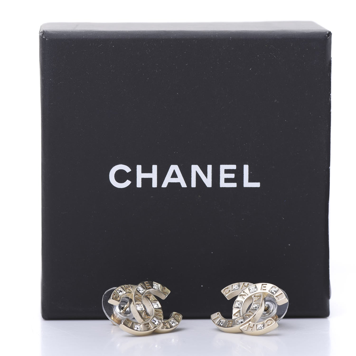 Chanel Crystal Metal CC Paris Button Stud Earrings Gold 5 of 5