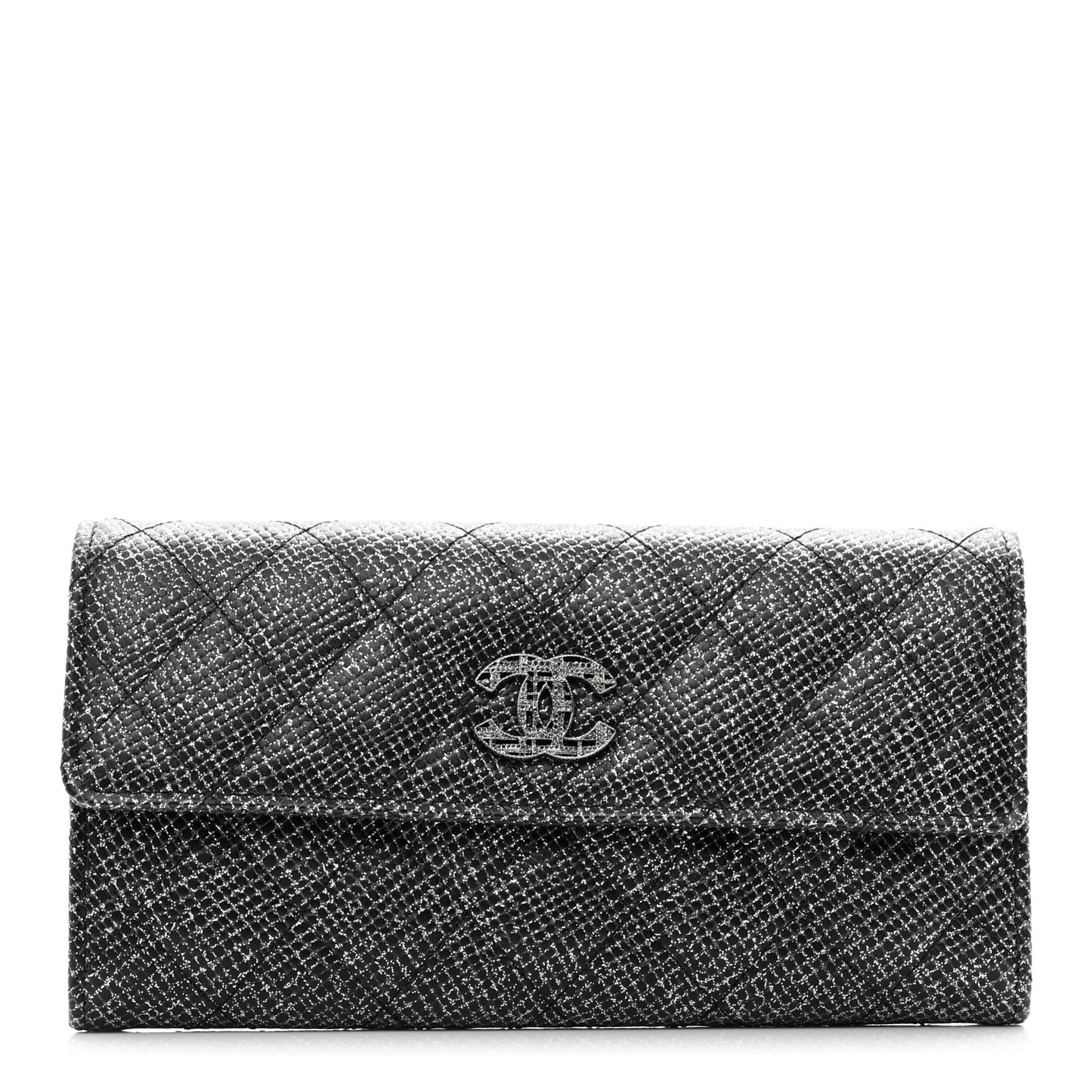 Glittered Calfskin Quilted Large Gusset Flap Wallet Dark Grey