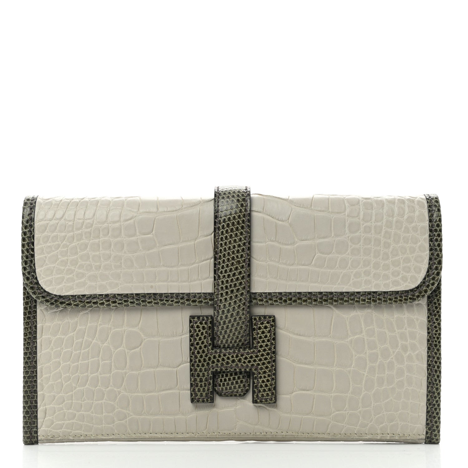 Hermes Matte Alligator Lizard Jige Duo Clutch Beton Vert Olive 2 of 8