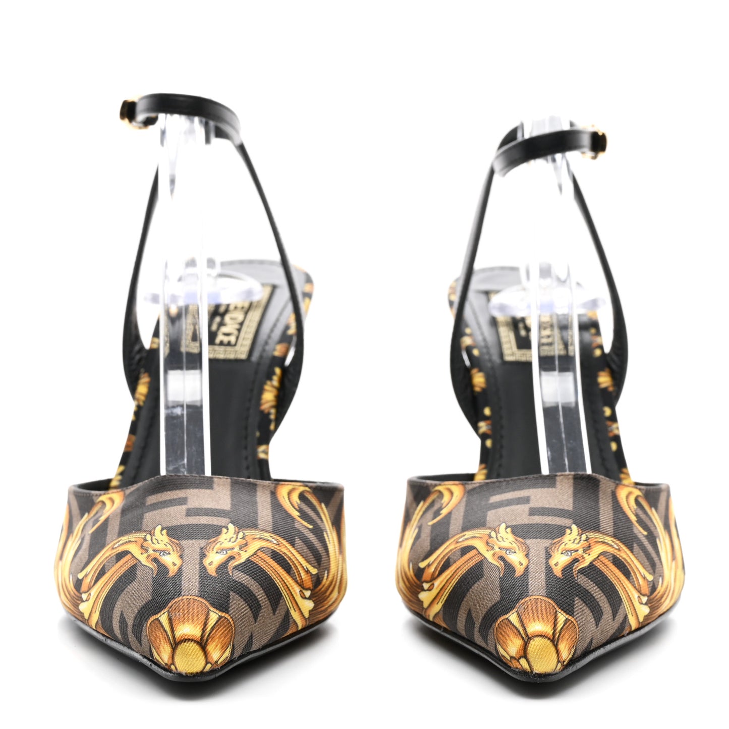 X VERSACE Silk Calfskin Fendace Fendi First 95mm Slingback Sandals 36 Tobacco Black Gold