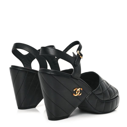 Chanel Lambskin Quilted Peep Toe Wedge Sandals 37 Black 5 of 11