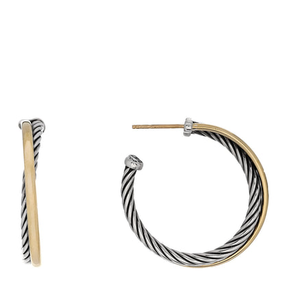 David Yurman Sterling Silver 18K Yellow Gold 31mm Crossover Cable Hoop Earrings 1 of 4