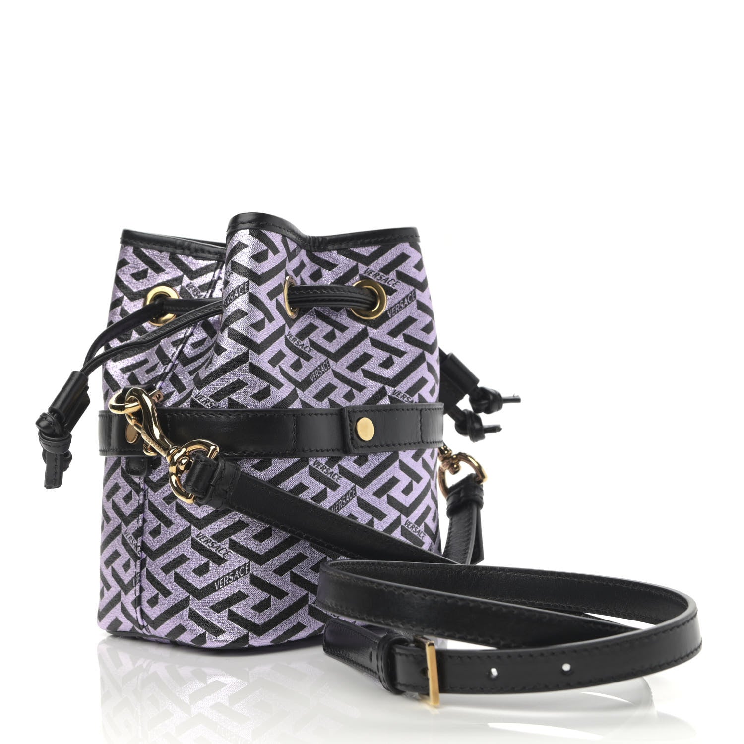 Versace Coated Canvas La Greca Glitter Print Mini Bucket Bag Orchid Black 4 of 11