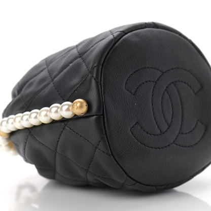 Chanel Calfskin Quilted Pearl Mini About Pearls Drawstring Bucket Bag Black 10 of 11
