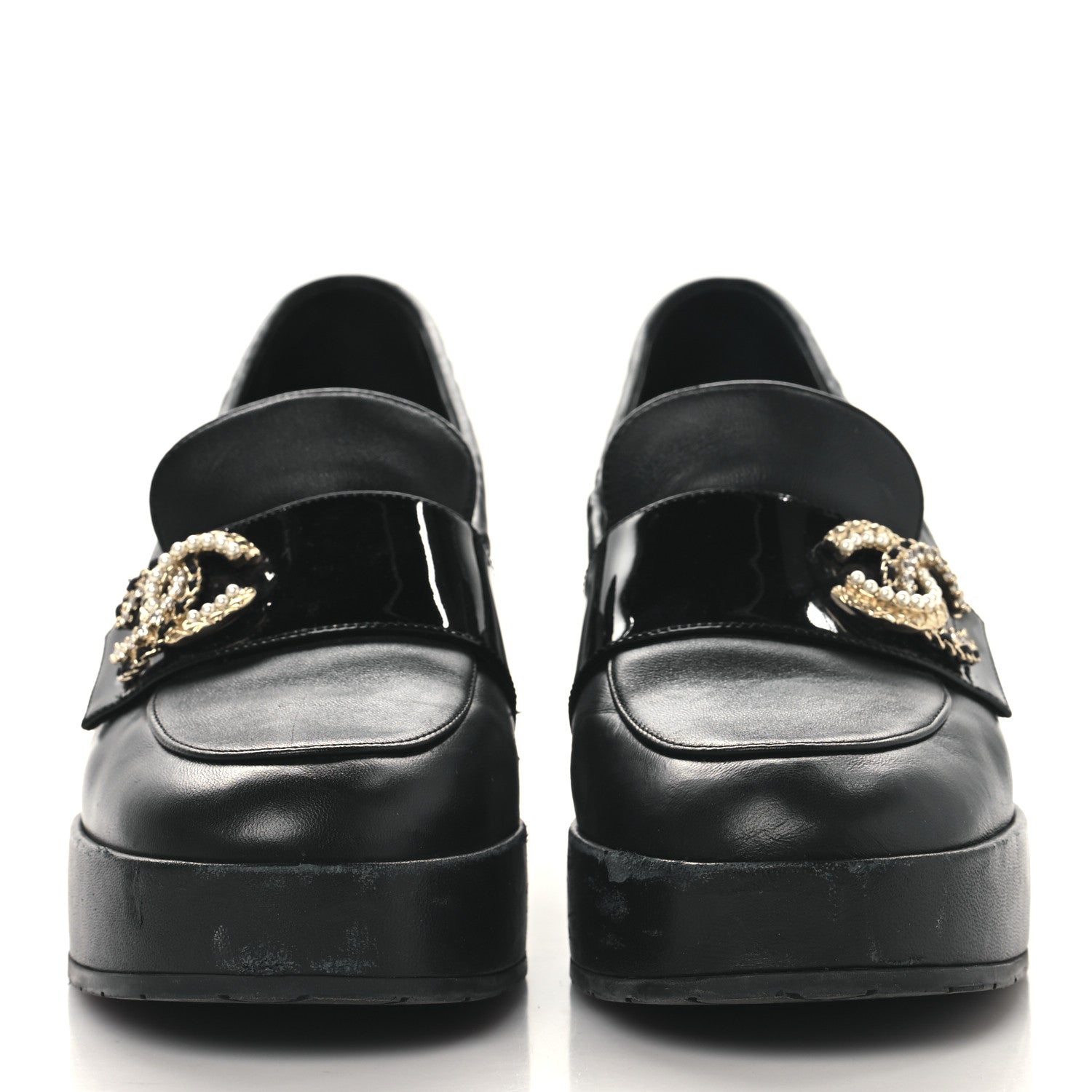 Chanel Lambskin Pearl Crystal Quilted CC Loafers 40 Black 3 of 11