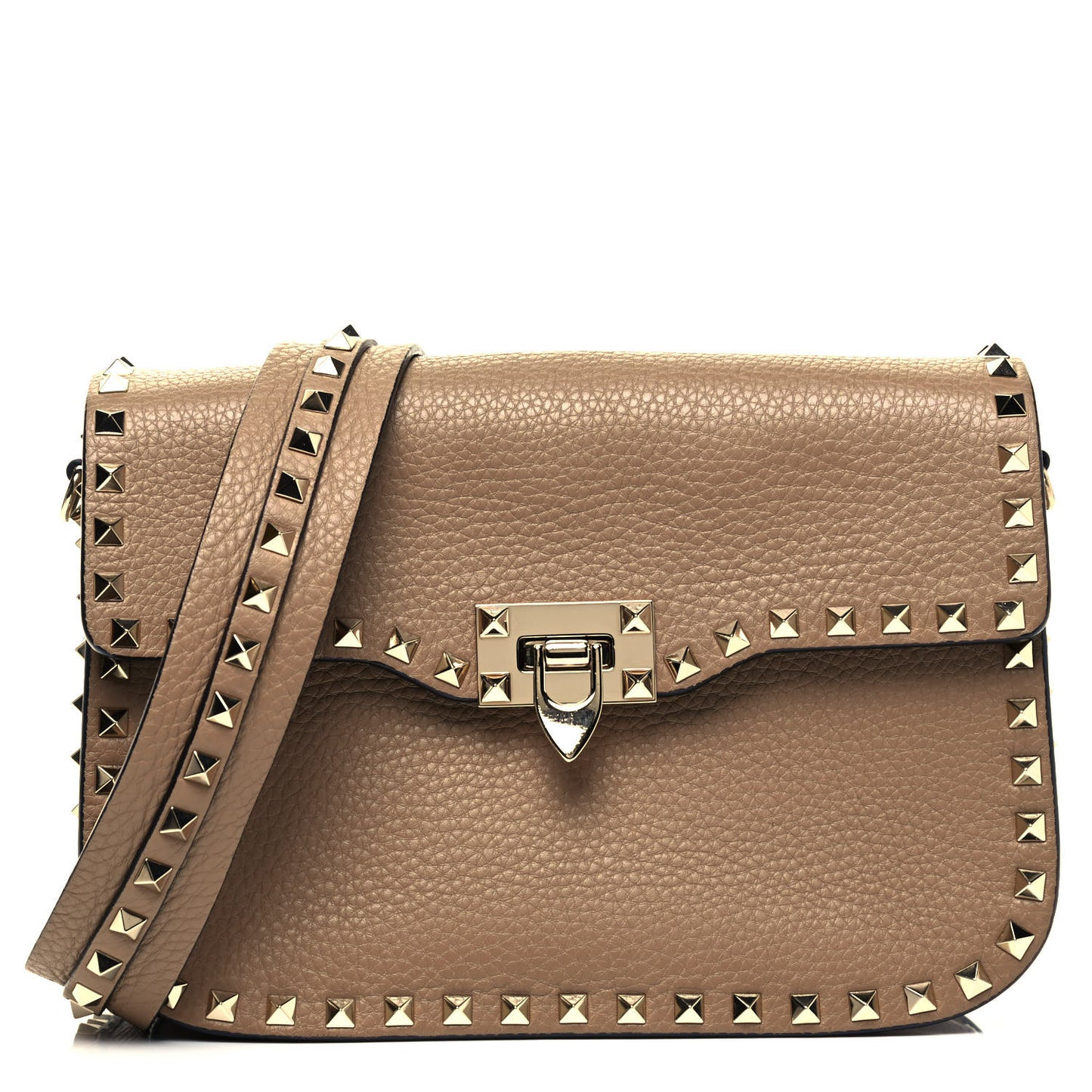 Pebbled Calfskin Medium Rockstud Flap Saddle Bag Nocciola