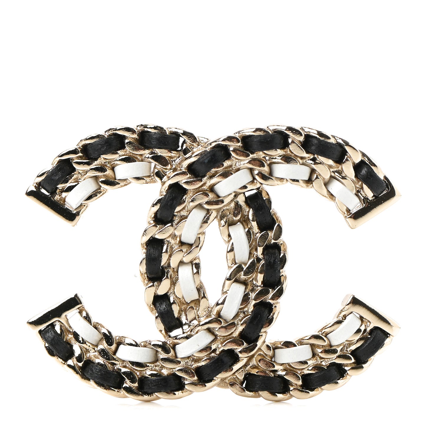 Lambskin Chain CC Brooch Black White Gold