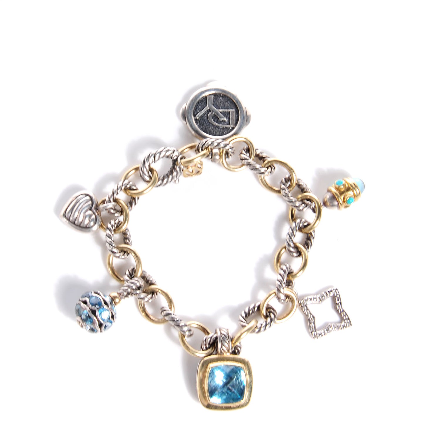 18k Gold Sterling Silver Pave Diamond Blue Topaz 25th Anniversary Charm Bracelet