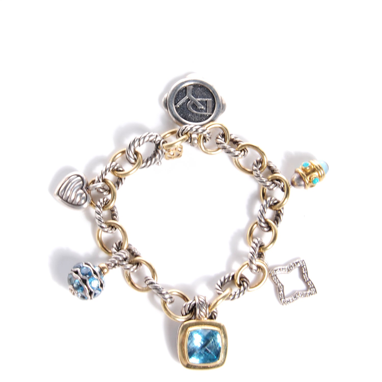 David Yurman 18k Gold Sterling Silver Pave Diamond Blue Topaz 25th Anniversary Charm Bracelet 1 of 5