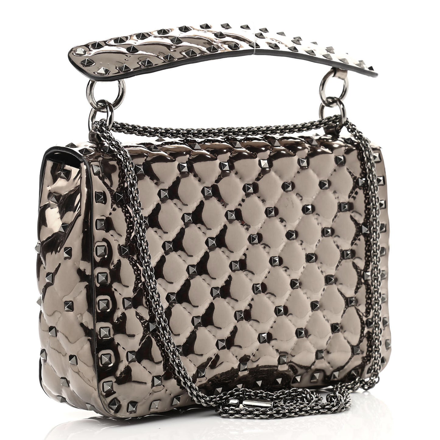 Metallic Patent Medium Rockstud Spike Shoulder Bag Rutenio