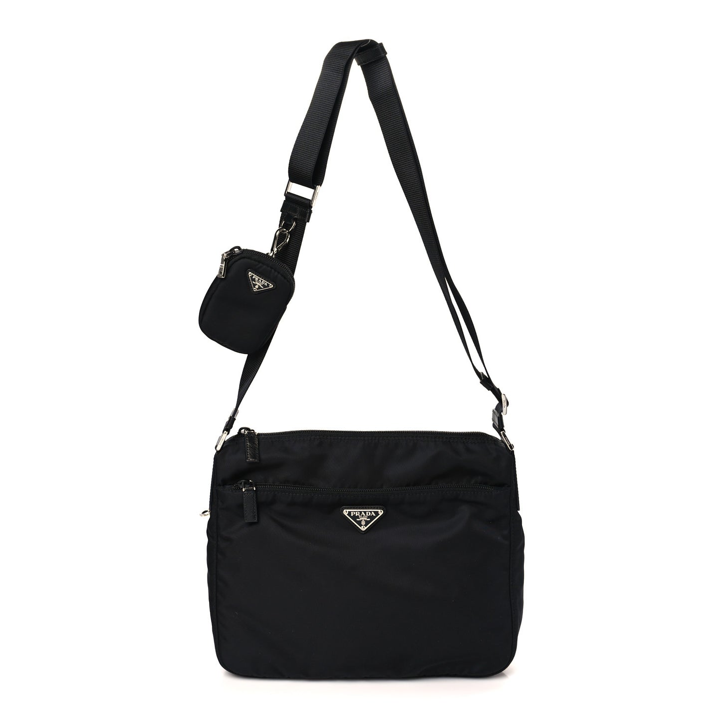 Re-Nylon Vela Saffiano Pocket Double Zip Messenger Bag Black