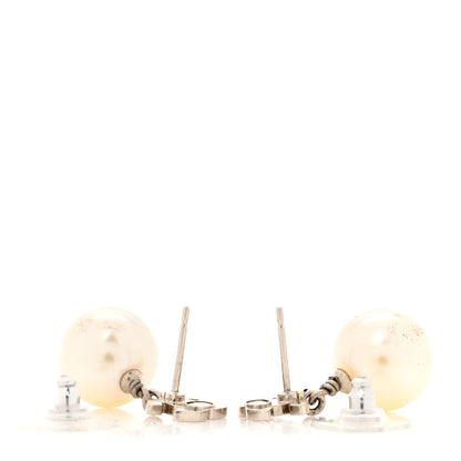 Chanel Crystal Pearl CC Drop Earrings Silver Pearly White 3 of 5