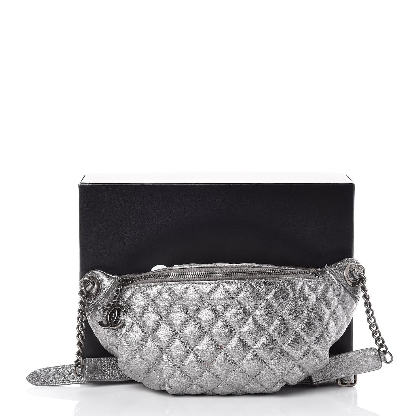 Metallic Goatskin Quilted Banane Waist Bag Fanny Pack Silver
