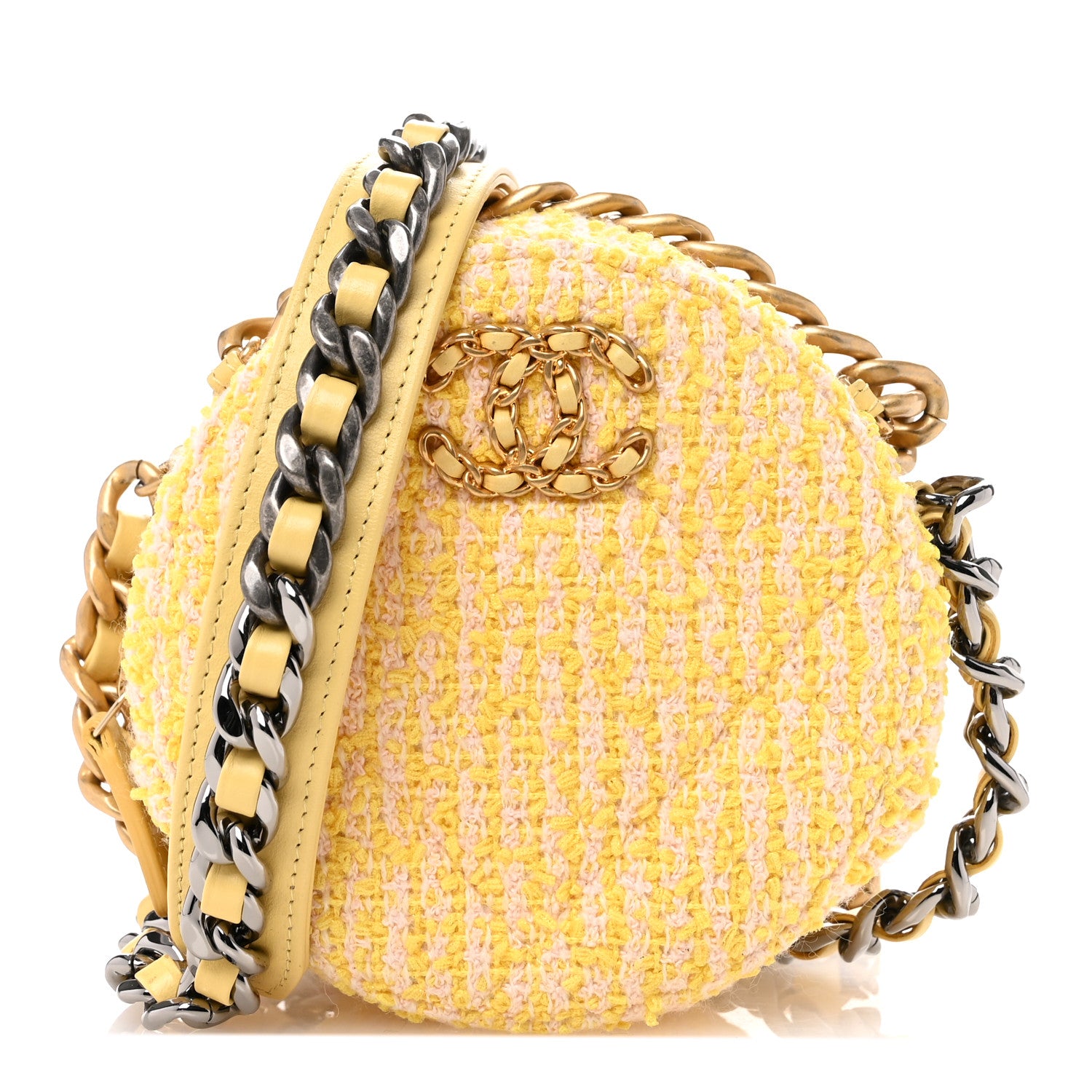 Chanel Wool Tweed Lambskin Quilted Chanel 19 Round Clutch With Chain Yellow Pink 1 of 10