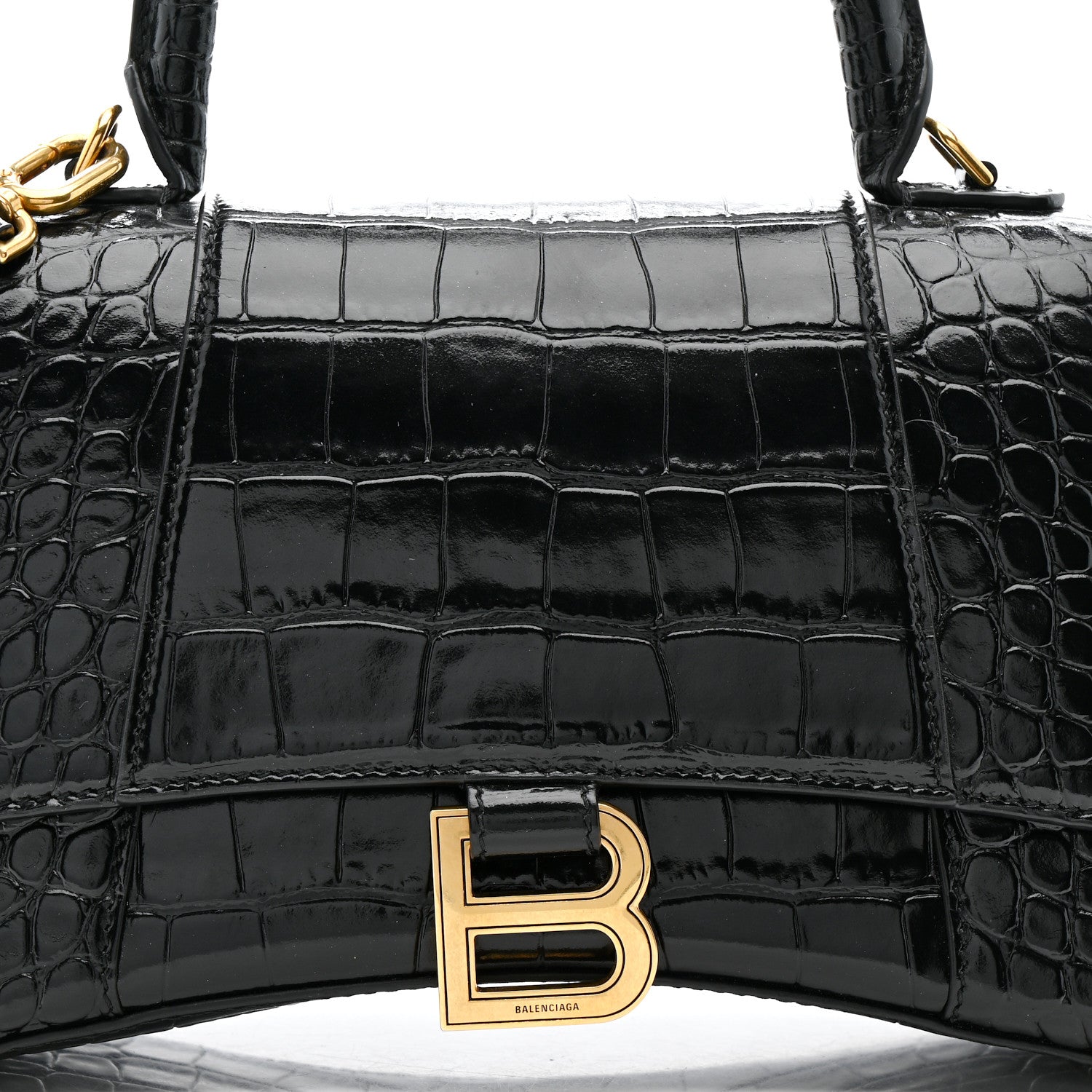 Balenciaga Shiny Calfskin Crocodile Embossed Small Hourglass Top Handle Bag Black 8 of 13