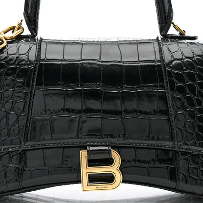 Balenciaga Shiny Calfskin Crocodile Embossed Small Hourglass Top Handle Bag Black 8 of 13