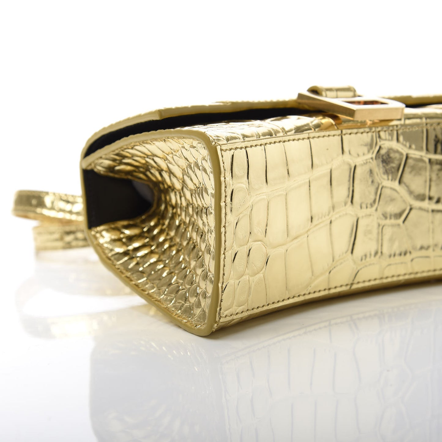 Metallic Calfskin Crocodile Embossed Hourglass Top Handle Bag XS Gold