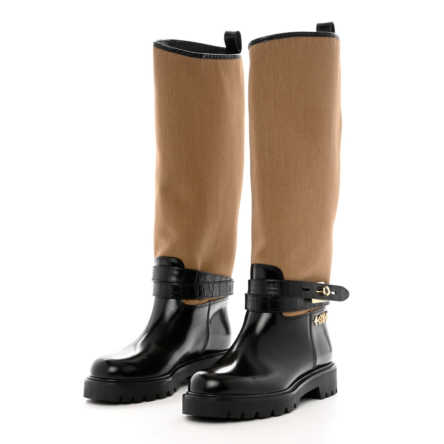 Canvas Calfskin Territory Flat High Ranger Boots 38 Khaki