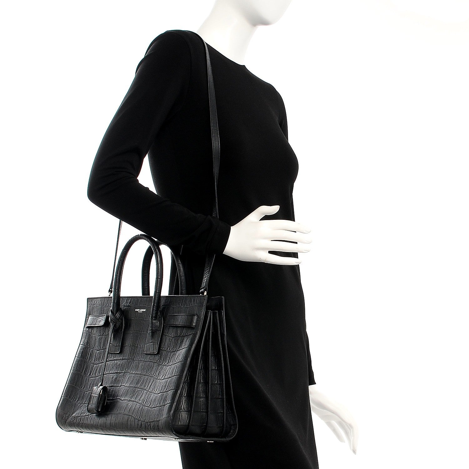 Saint Laurent Calfskin Crocodile Embossed Small Sac de Jour Black 2 of 13