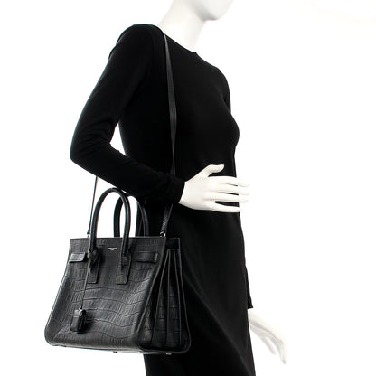 Saint Laurent Calfskin Crocodile Embossed Small Sac de Jour Black 2 of 13